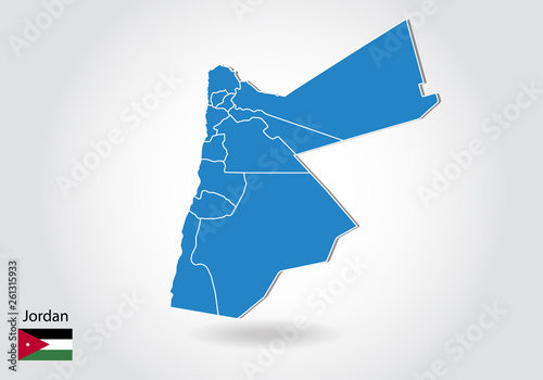 Jordan map design with 3D style. Blue Jordan map and National flag. Simple vector map with contour, shape, outline, on white.