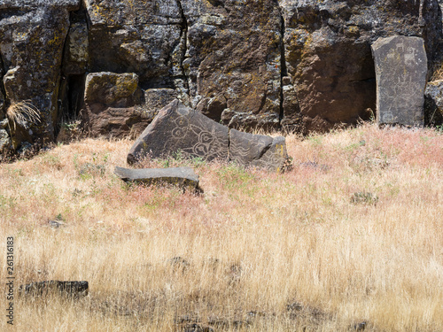 Ancient Native American petroglyphs in Columbia Hills State Park, WA, USA photo