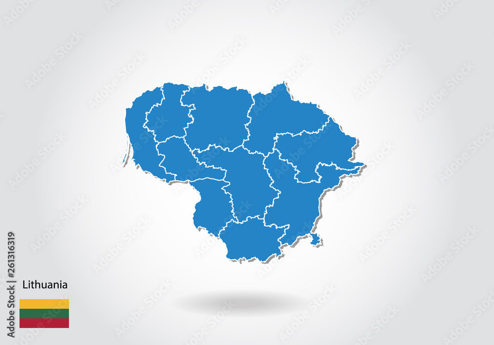 Lithuania map design with 3D style. Blue Lithuania map and National flag. Simple vector map with contour, shape, outline, on white.