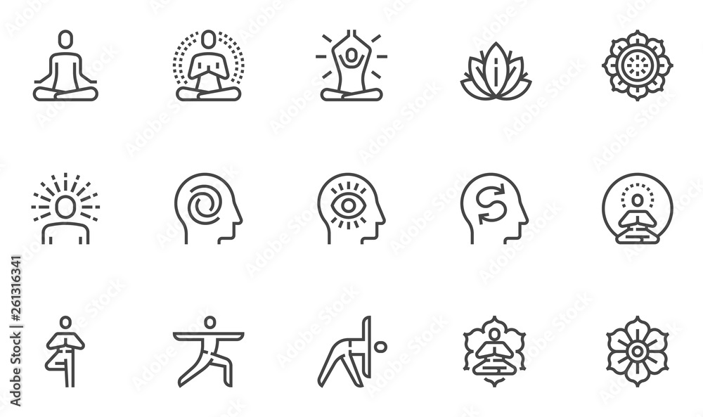 Meditation Practice and Yoga Vector Line Icons Set. Relaxation, Inner Peace, Self-knowledge, Inner Concentration, Spiritual Practice. Editable Stroke. 48x48 Pixel Perfect.