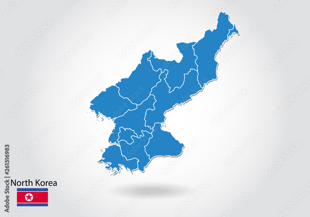 Obraz premium North Korea map design with 3D style. Blue North Korea map and National flag. Simple vector map with contour, shape, outline, on white.