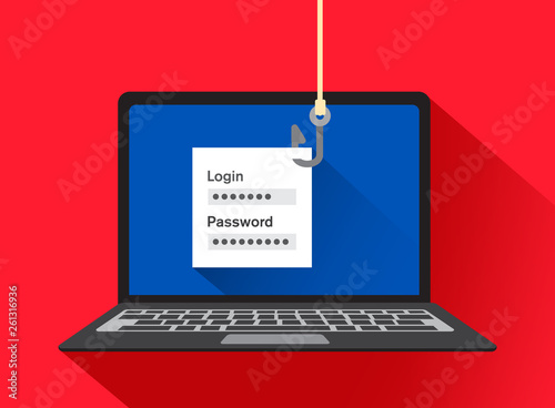 Data phishing, hacking online scam on computer laptop concept. Fishing by email, envelope and fishing hook. Vector illustration