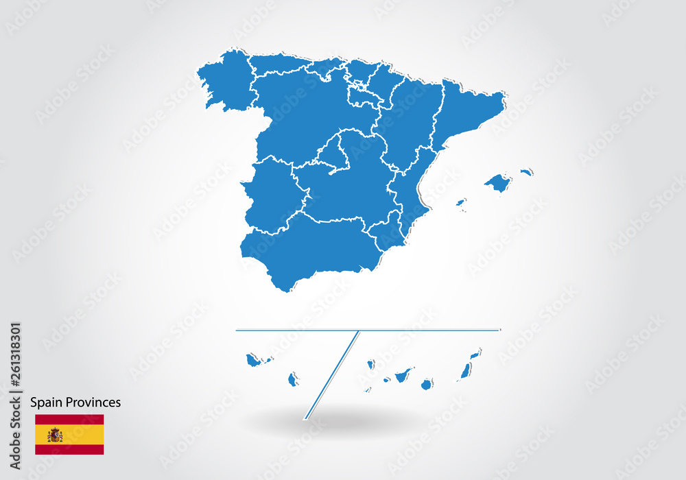 Spain Provinces map design with 3D style. Blue Spain Provinces map and National flag. Simple vector map with contour, shape, outline, on white.