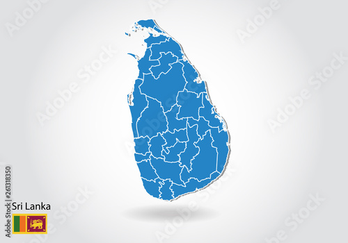 Sri lanka map design with 3D style. Blue Sri lanka map and National flag. Simple vector map with contour, shape, outline, on white.