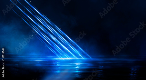 Dark empty scene, blue neon...
