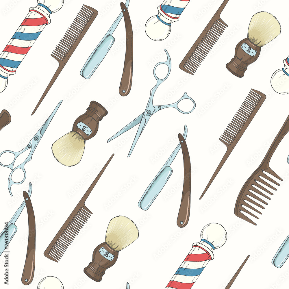 Barber Shop seamless pattern with  Hand drawn razor, scissors, shaving brush,  comb, classic barber shop Pole. Sketch. Hand made Lettering. For wallpaper, web page background