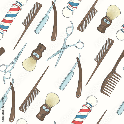 Barber Shop seamless pattern with Hand drawn razor, scissors, shaving brush, comb, classic barber shop Pole. Sketch. Hand made Lettering. For wallpaper, web page background