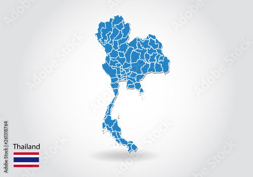 thailand map design with 3D style. Blue thailand map and National flag. Simple vector map with contour, shape, outline, on white.