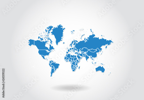 world map design with 3D style. Blue world map and National flag. Simple vector map with contour, shape, outline, on white.