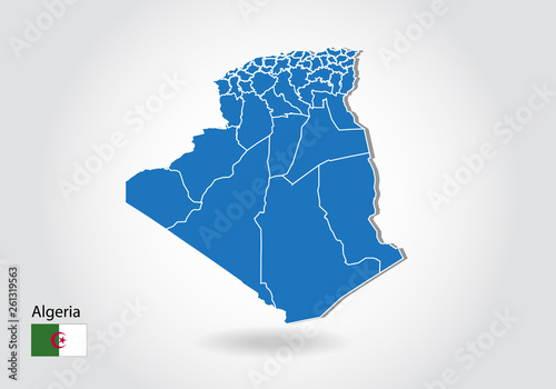 algeria map design with 3D style. Blue algeria map and National flag. Simple vector map with contour, shape, outline, on white.