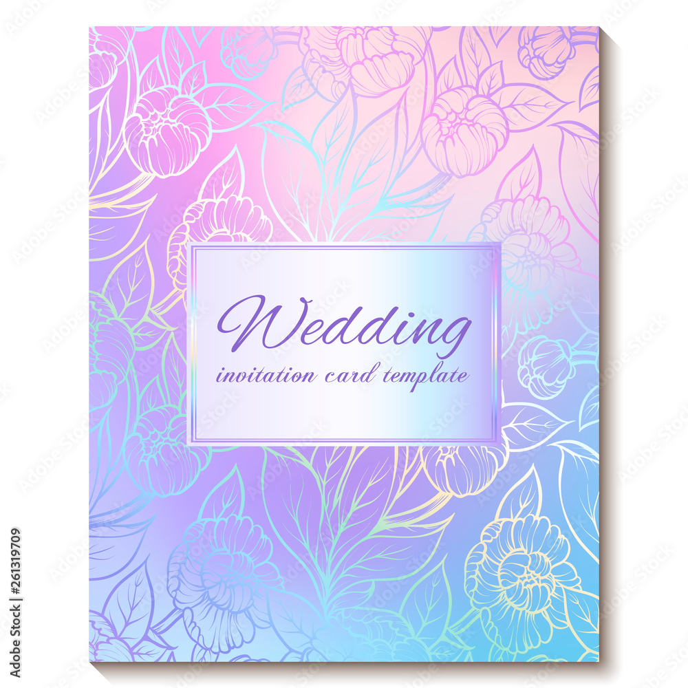 Colorful pastel blue violet pink soft floral bright invitation card with place for text. Abstract aquarelle magic cool colors hand drawn peony flowers design with blur texture background