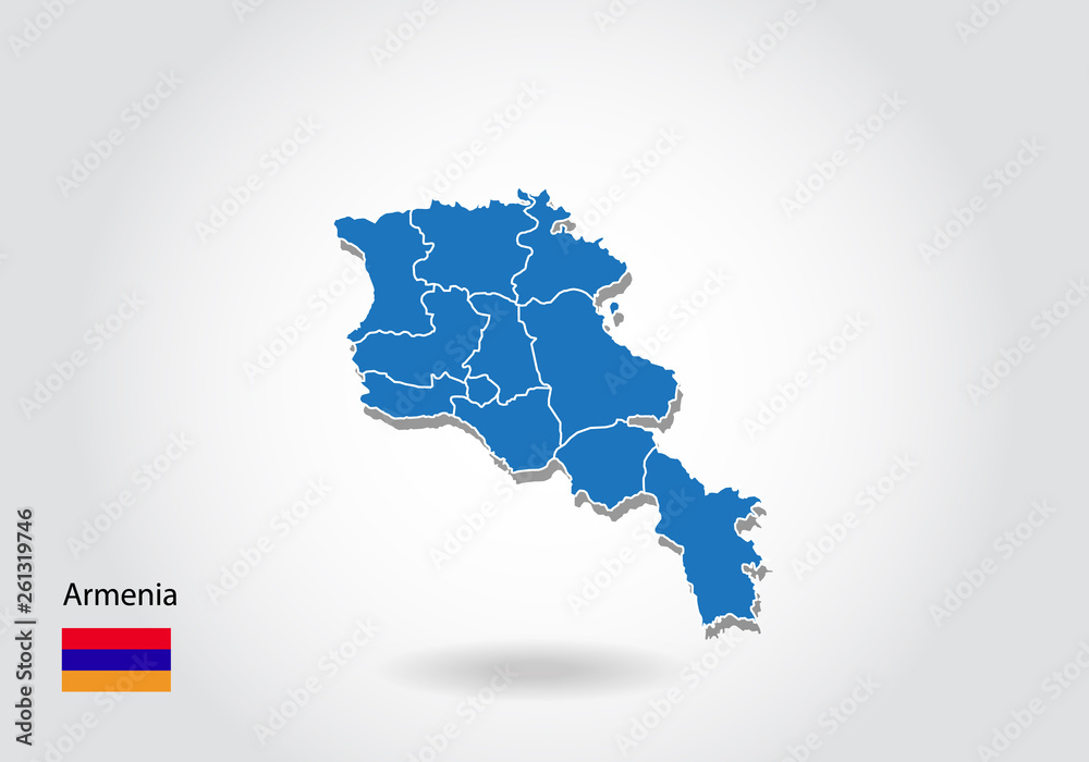 Fototapeta premium armenia map design with 3D style. Blue armenia map and National flag. Simple vector map with contour, shape, outline, on white.