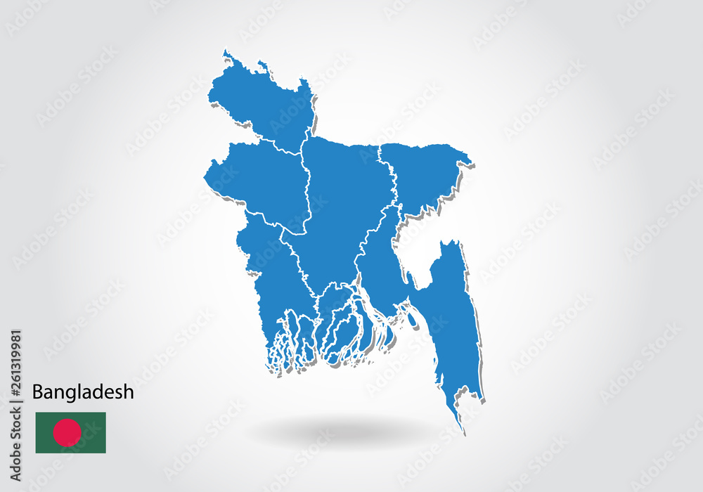 bangladesh map design with 3D style. Blue bangladesh map and National flag. Simple vector map with contour, shape, outline, on white.