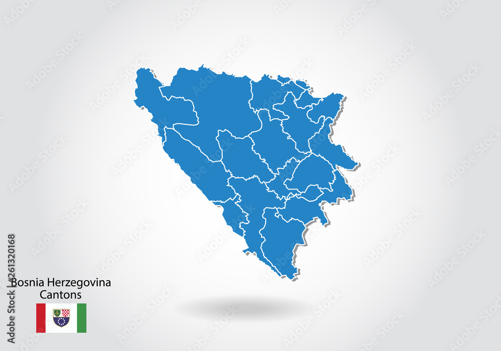 bosnia Herzegovina Cantons map design with 3D style. Blue bosnia Herzegovina map and National flag. Simple vector map with contour, shape, outline, on white.