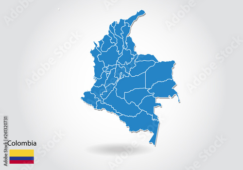 colombia map design with 3D style. Blue colombia map and National flag. Simple vector map with contour, shape, outline, on white.