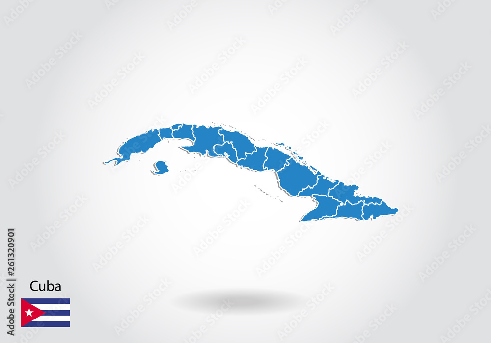 cuba map design with 3D style. Blue cuba map and National flag. Simple vector map with contour, shape, outline, on white.