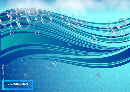 Many bubbles in clear bright water. Abstract wave, underwater background, fluffy clouds.