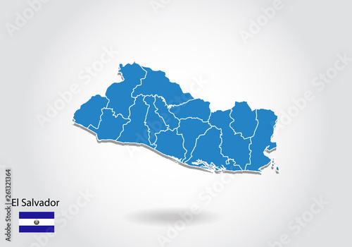 el Salvador map design with 3D style. Blue el Salvador map and National flag. Simple vector map with contour, shape, outline, on white.
