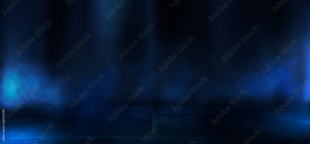 Obraz premium Background of empty dark room, street. Concrete floor, asphalt, neon light, smoke, spotlight 