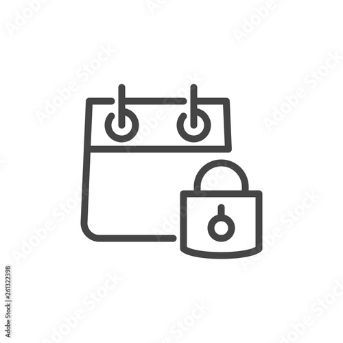 Icon of Calendar with Padlock in Linear Style. Private Recordings, Personal Organizer Concept. Simplicity Graphic Label. Vector Illustration Isolated for Web and App.