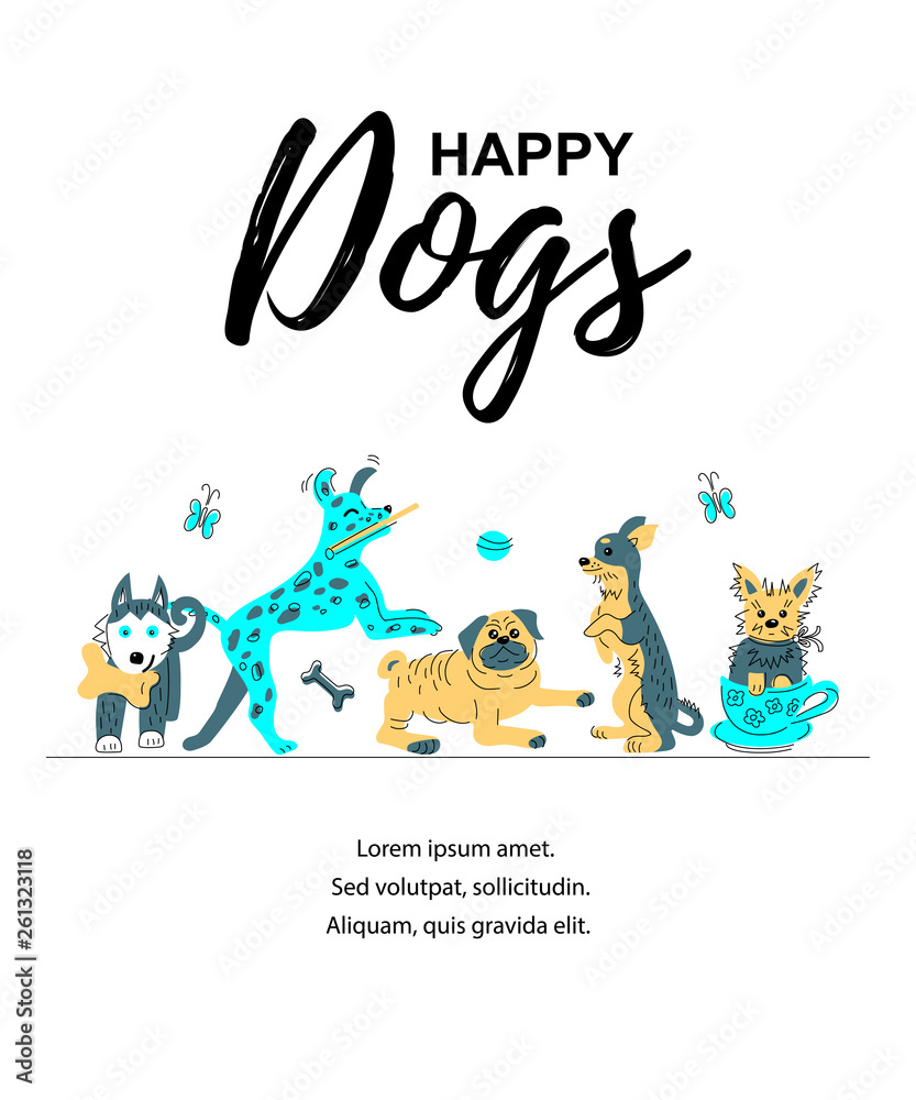 Vector illustration with hand drawn sketch style cute doggies. Place for  text. Banner for pet shop, invitation, dog cafe, show, grooming, flyers.