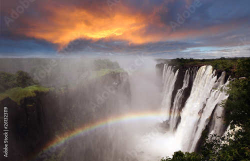 Victoria Falls sunset with rainbow, Zambia