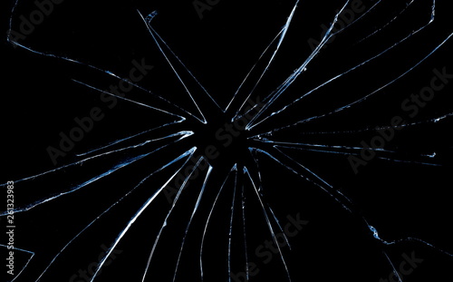 Broken glass texture and background, isolated on black, cracked window effect, clipping path   