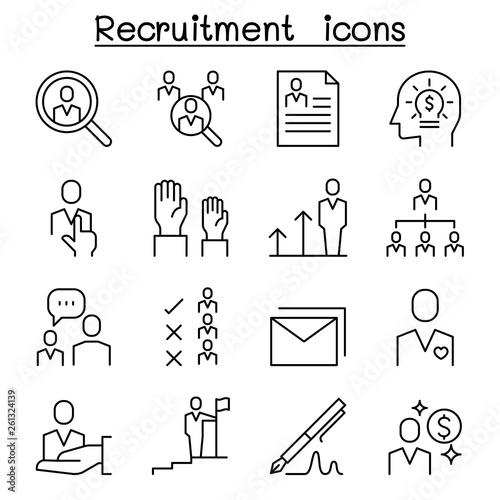 Job, Recruitment, interview, staff, employee icon set in thin line style