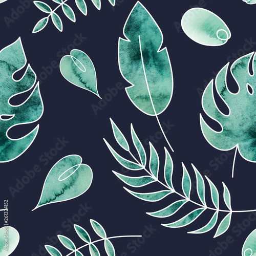 Exotic tropical green leaves. Seamless watercolor background.