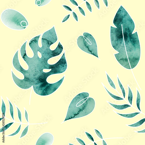 Exotic tropical green leaves. Seamless watercolor background.