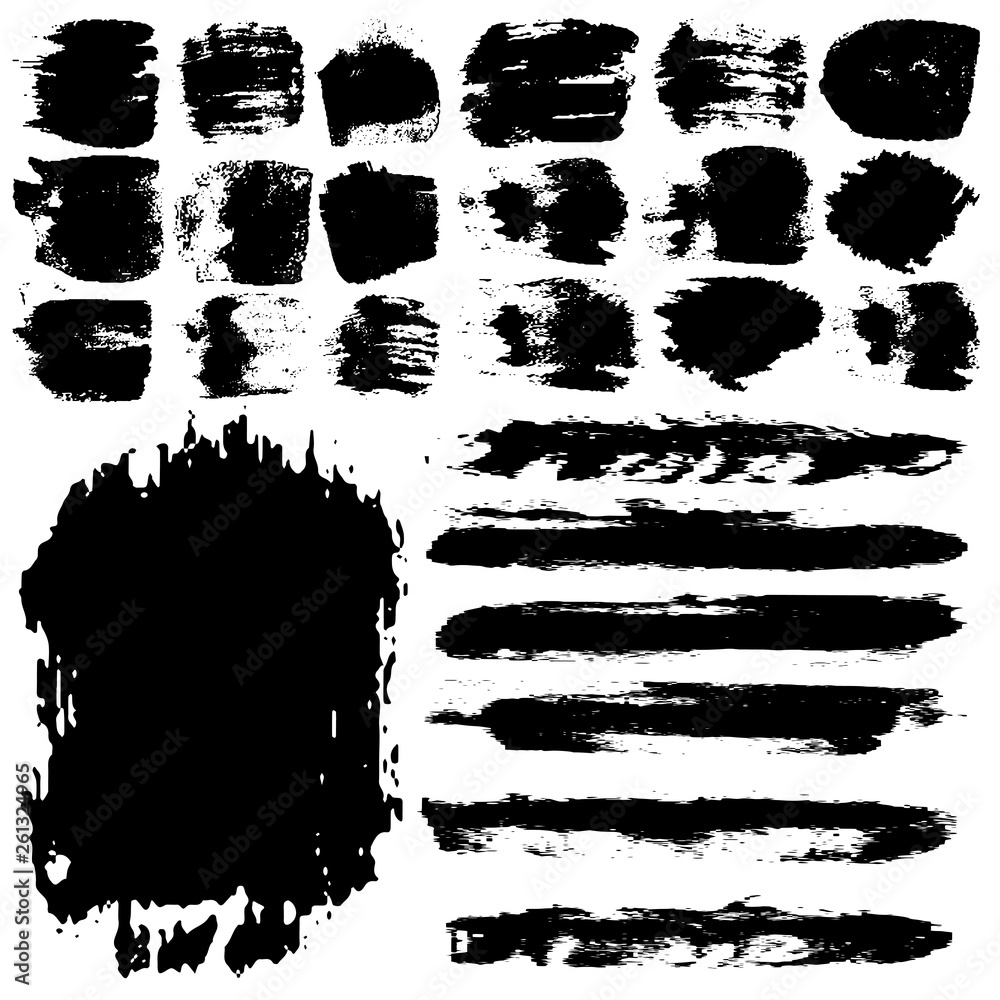 Vector set of brush strokes, dabs of paint. Black spots on white background