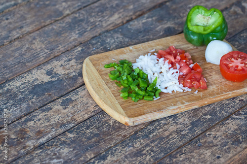 Paprika, Zwiebel und Tomaten, aufgeschnitten