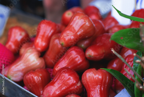 heap of fresh rose apple fruit for sale at the market in Bangkok, Thailand.