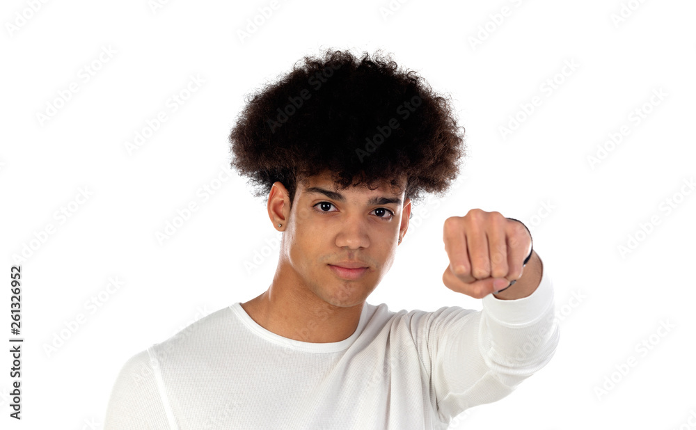 Threatening afro guy showing his fist Threatening afro guy showing his fist