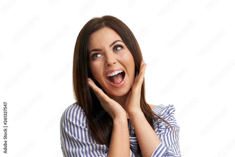 Caucasian brunette woman having fun and smiling isolated over white background Caucasian brunette woman having fun and smiling isolated over white background