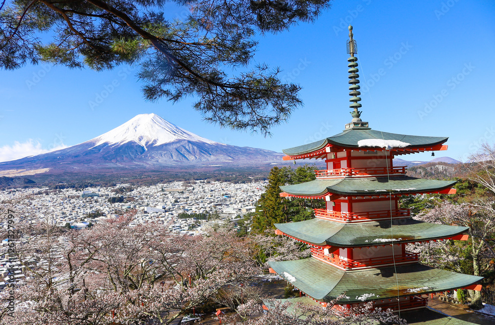 富士山と桜と五重塔/新倉山浅間公園