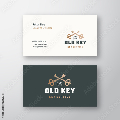 The Old Key Abstract Vector Sign or Logo and Business Card Template. Premium Stationary Realistic Mock Up. Crossed Keys Sillhouettes with Classy Retro Typography. Key Service Vintage Vector Emblem