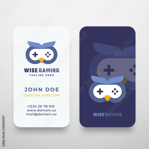 Wise Gaming Abstract Vector Sign or Logo and Business Card Template. Premium Stationary Realistic Mock Up. Flat Style Gamepad Icon Incorporated in an Owl Face