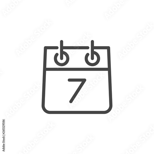 Calendar and Number Seven Icon. Date of Meeting, 7th day of Month, Weekly Organizer Contour Label. Ttimetable, Time Management Concept. Vector Illustration Isolated for Web and App in Line Style