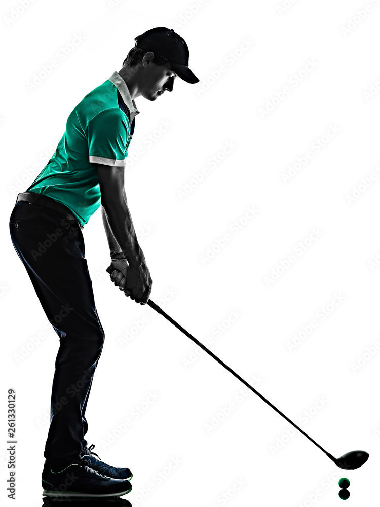Obraz premium one young caucasian Man Golf golfer golfingshadow silhouette isolated on white background