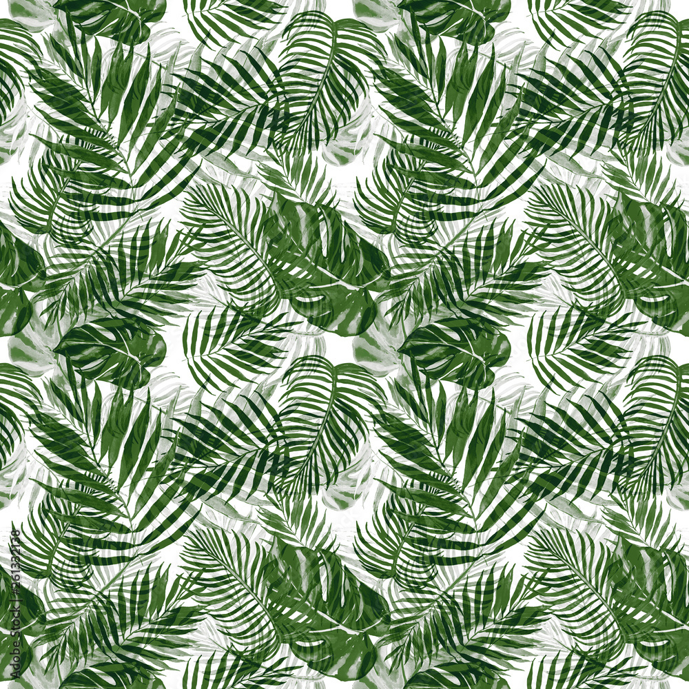 Watercolor tropical plants seamless pattern. Hand painted green foliage on white background. Beautiful botanical print with exotic leaves for wallpapers, textile, cards, banners, invitations