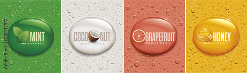 many fresh drops on different color backgrounds with mint, coconut, grapefruit, honey