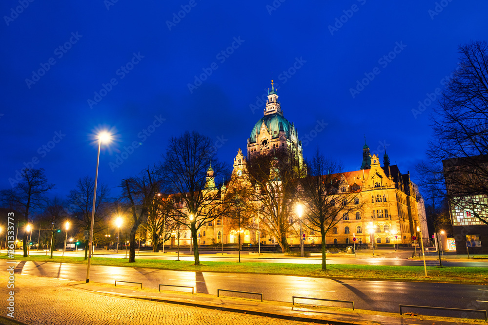 The New Town Hall in Hanover, Germany at sunrise. Night view