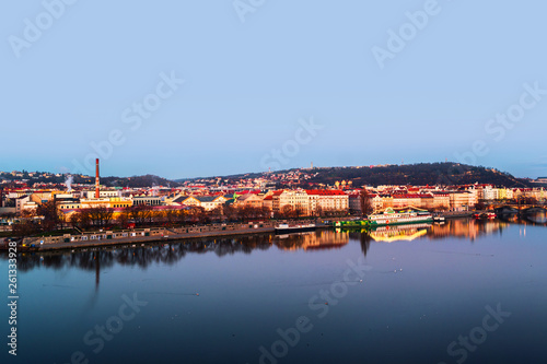 erial view of Prague, Czech Republic at sunrise with cloudy sky