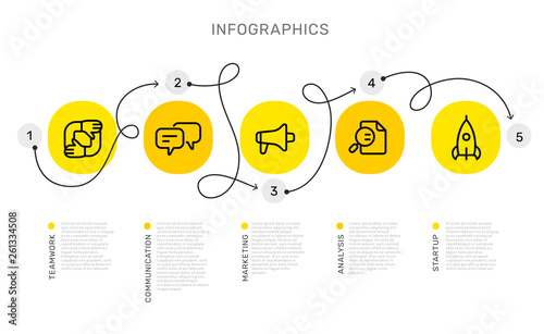 Vector infographic template with curl path with number options and steps, business yellow circle icons, words, text on white background.