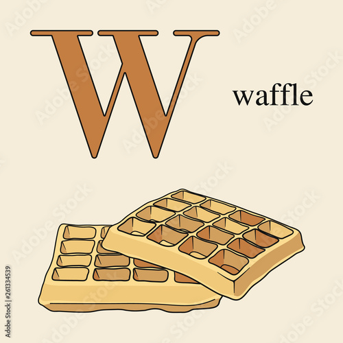   Letter W with waffle. Illustrated English alphabet with sweets.