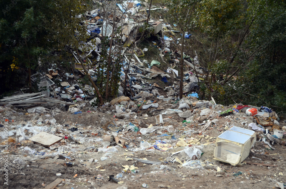 Ecology of Ukraine. Nature near Ukrainian capital.Environmental contamination. Illegal junk dump. Near Kiev, Ukraine