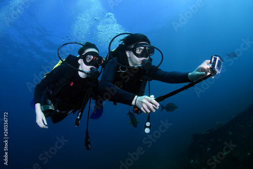 Diving and snorkeling in Bali. Newlyweds, wedding, just married