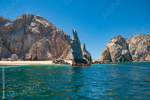 Neptunes Finger is rock formation that is easy to spot along the cliffs outside the marina in Cabo San Lucas, Mexico