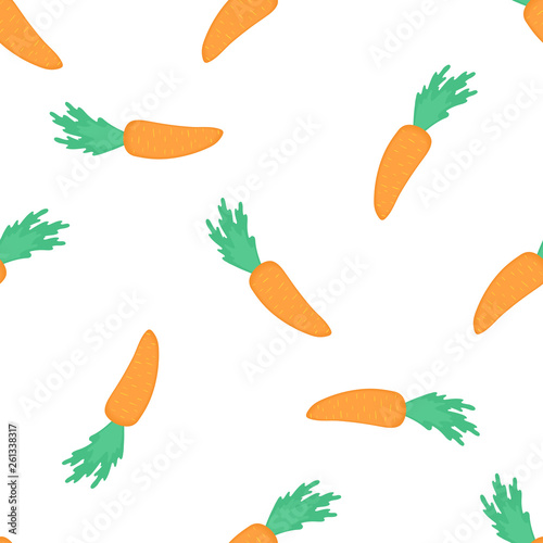 Ripe carrot with green leaves on a white background. Seamless pattern for nursery, textile, kids apparel.